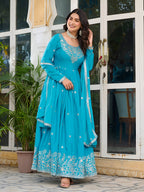 Lehenga Mart Wedding Wear Anarkali Gown With Dupatta - Sky Blue | Grocsy