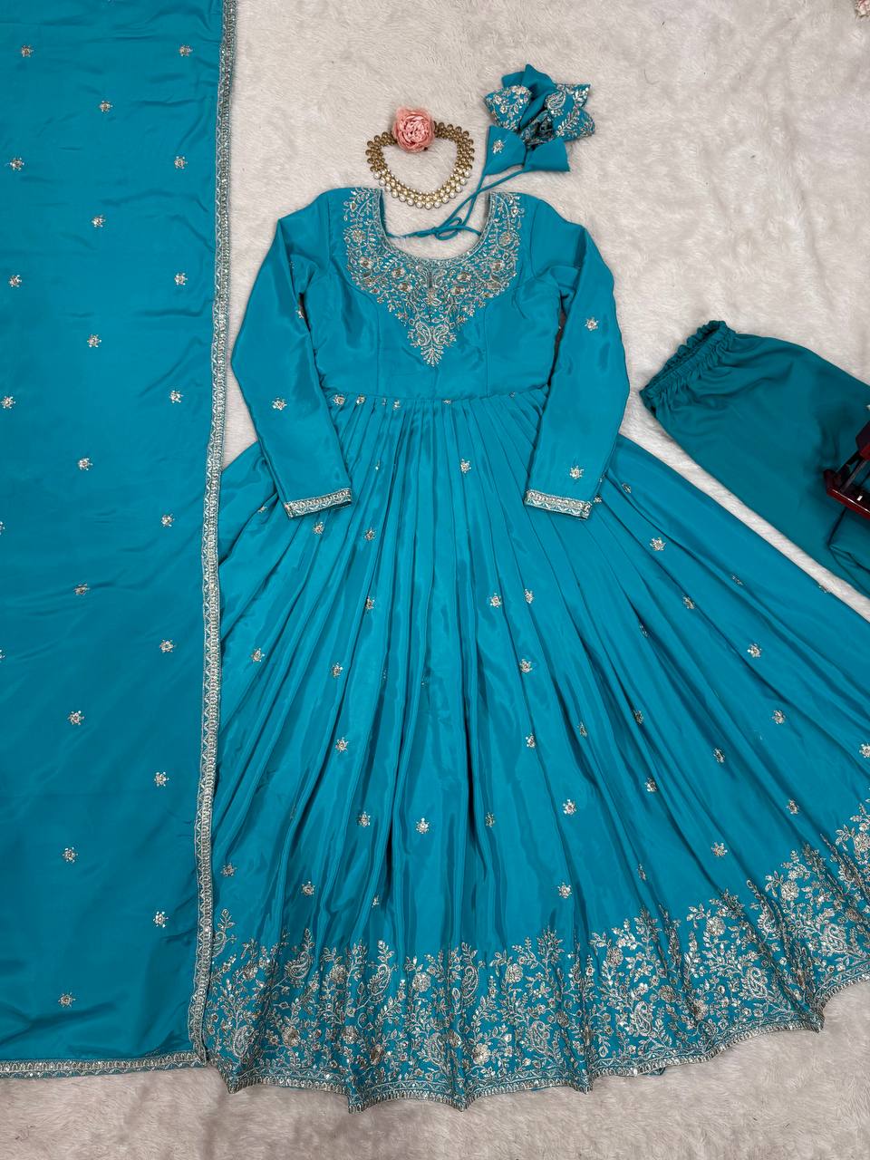 Prazu Fashion Sky Blue Silk Thread With Sequence Anarkali Suit | Grocsy