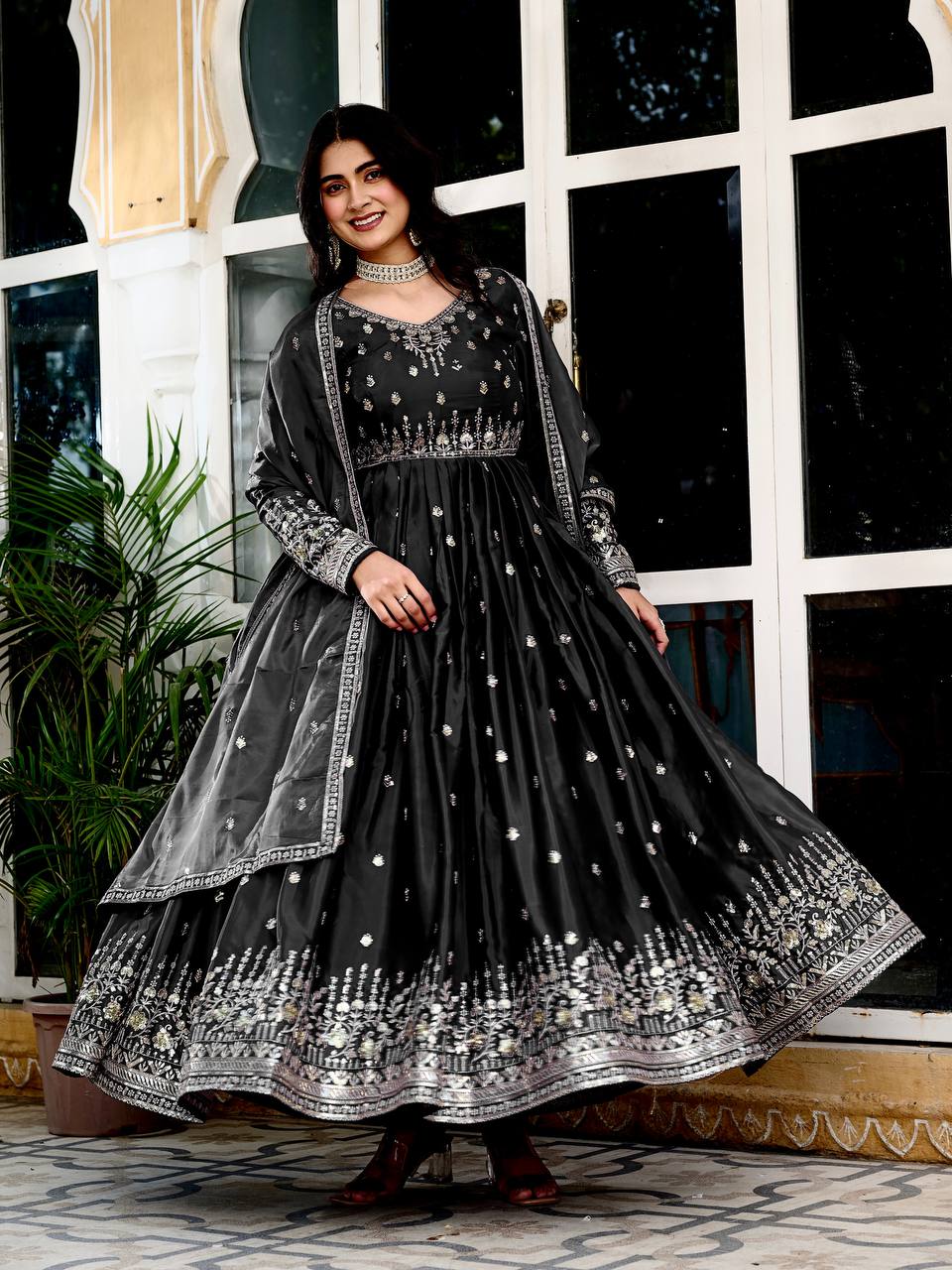 Lehenga Mart American Silk Gown With Dupatta-Black | Grocsy