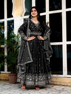 Lehenga Mart American Silk Gown With Dupatta-Black | Grocsy