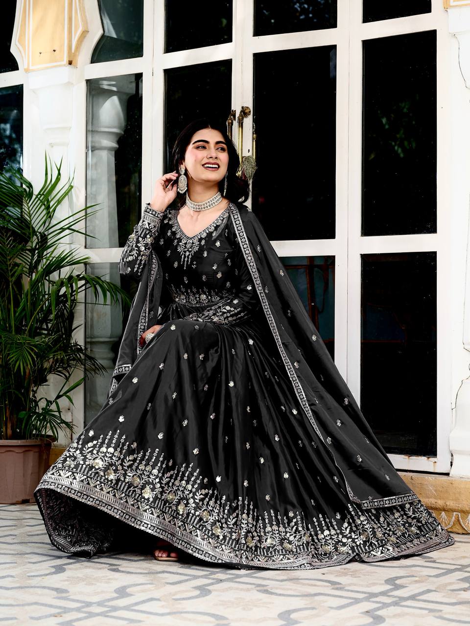 Lehenga Mart American Silk Gown With Dupatta-Black | Grocsy