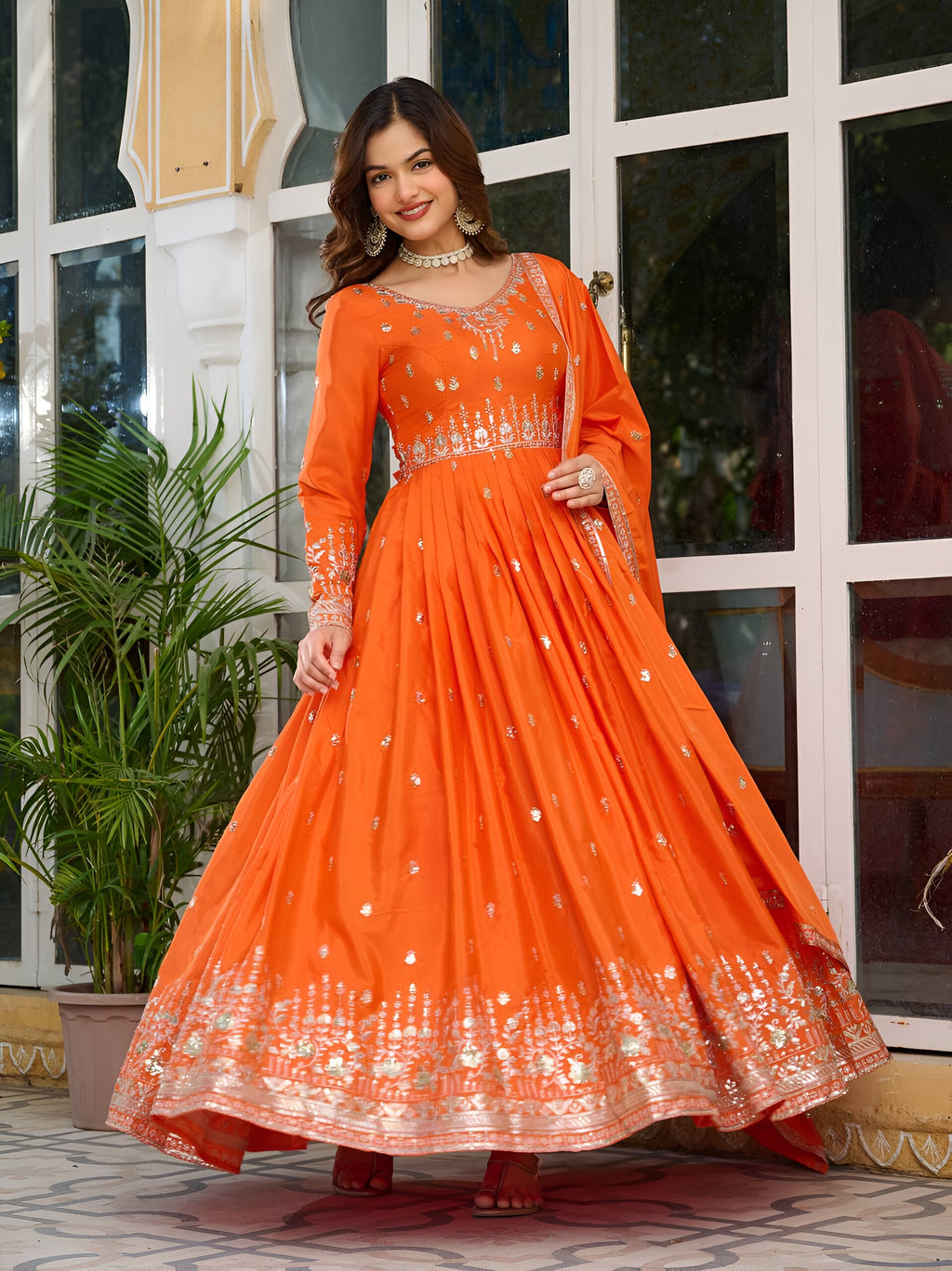 Lehenga Mart Wedding Wear Anarkali Gown With Dupatta Set - Orange | Grocsy