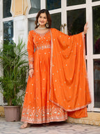 Lehenga Mart Wedding Wear Anarkali Gown With Dupatta Set - Orange | Grocsy