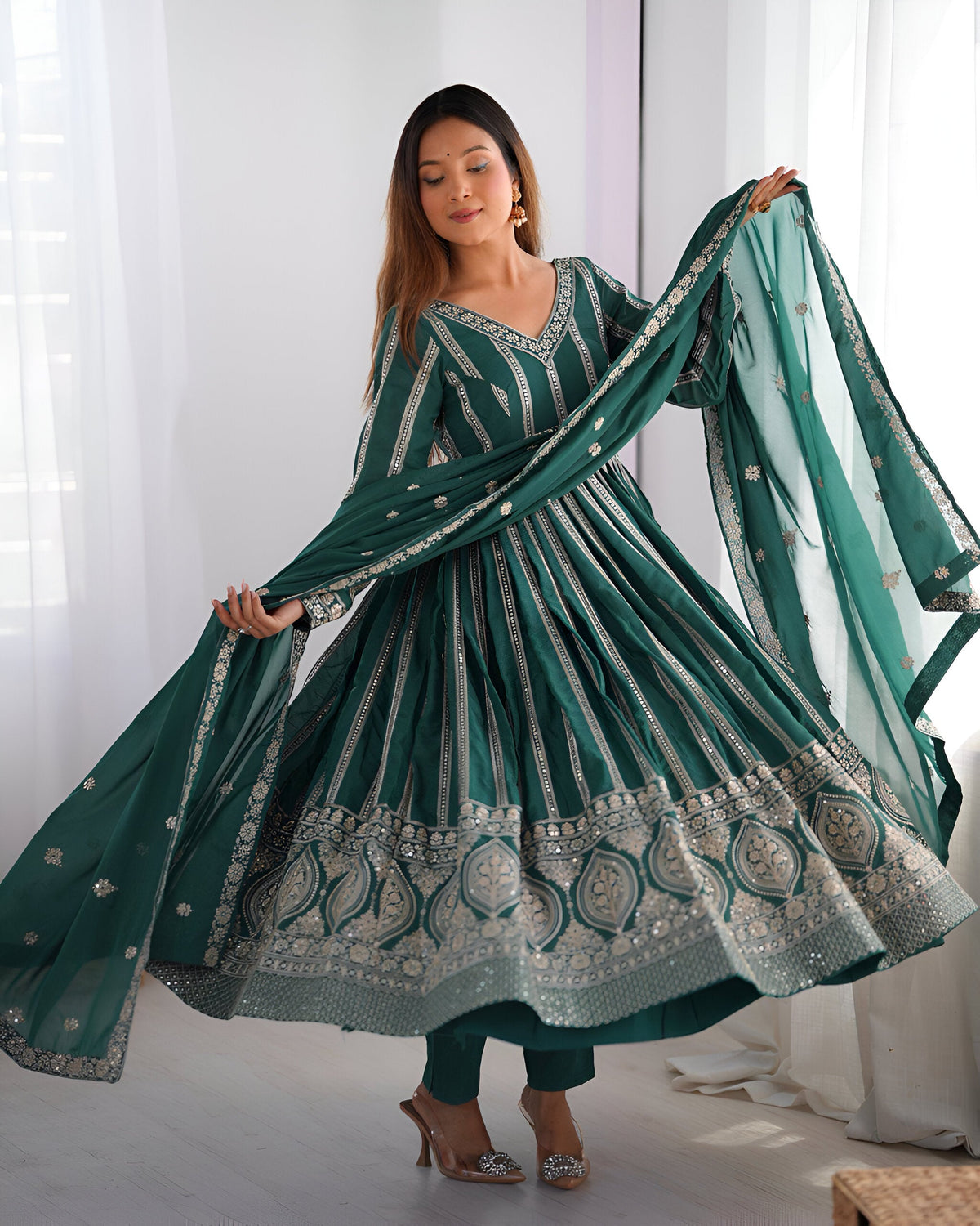 Lehenga Mart Wedding Wear Anarkali Gown With Dupatta Set - Green | Grocsy
