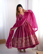 Lehenga Mart Wedding Wear Anarkali Gown With Dupatta Set - Pink | Grocsy