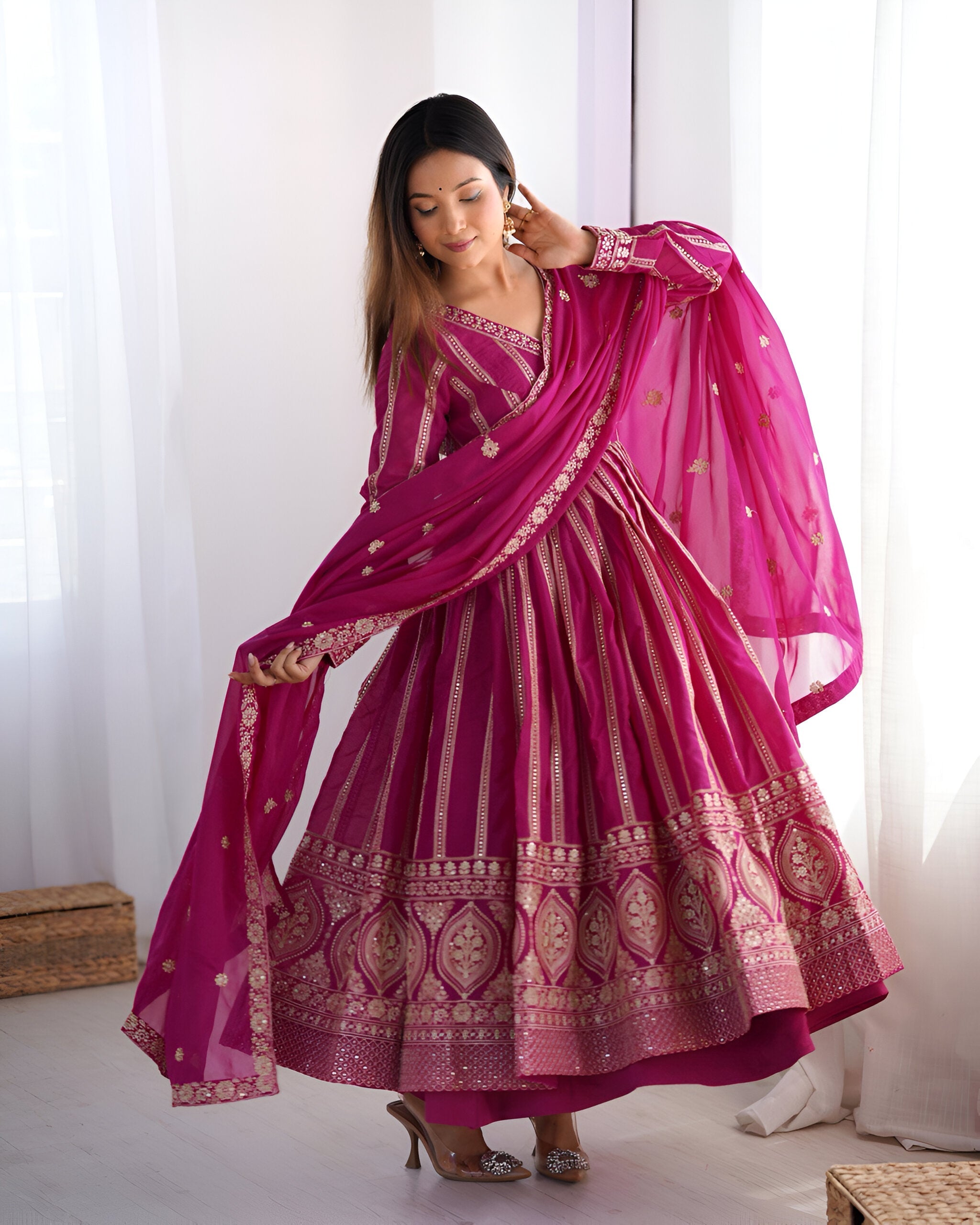 Lehenga Mart Wedding Wear Anarkali Gown With Dupatta Set - Pink | Grocsy