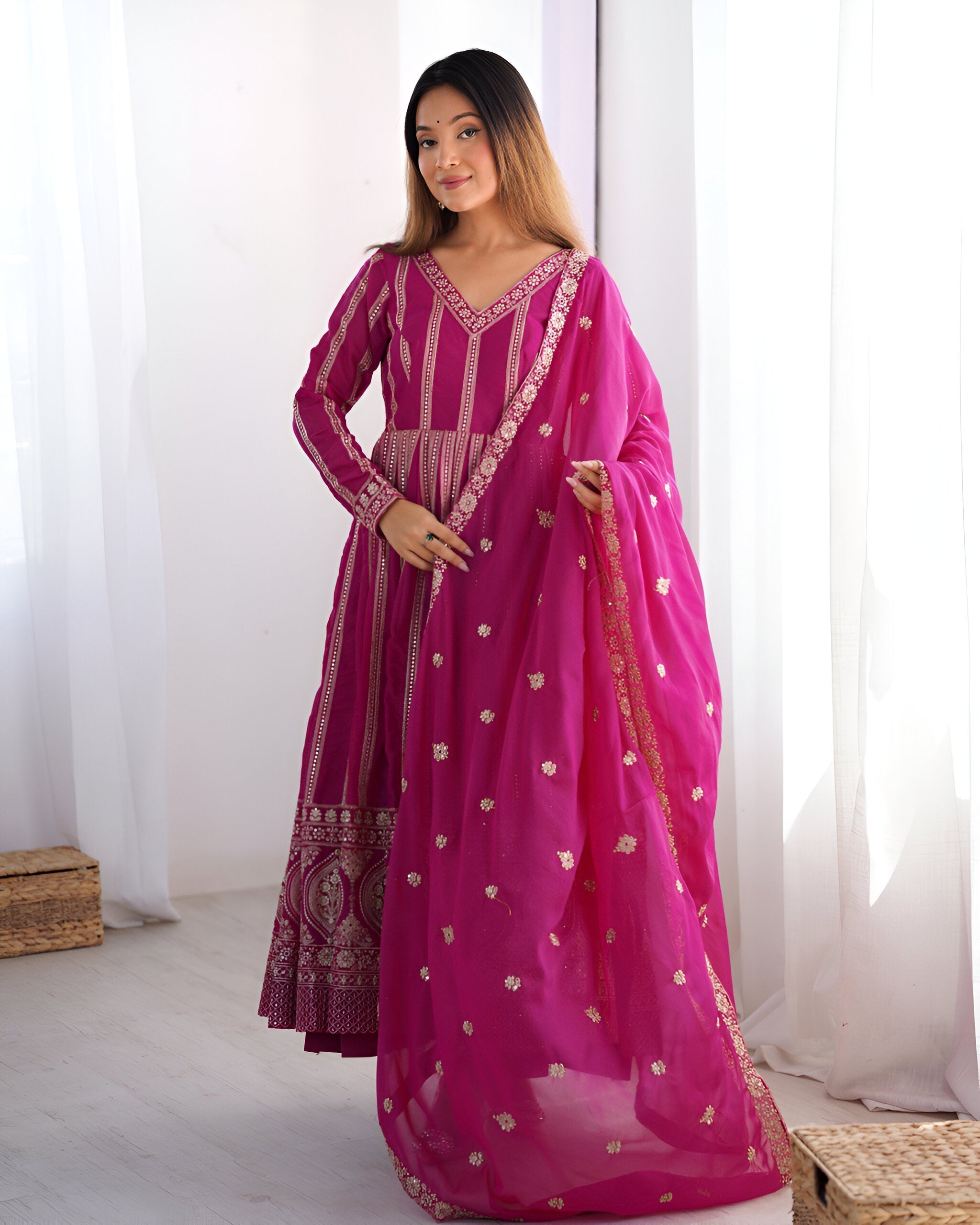 Lehenga Mart Wedding Wear Anarkali Gown With Dupatta Set - Pink | Grocsy