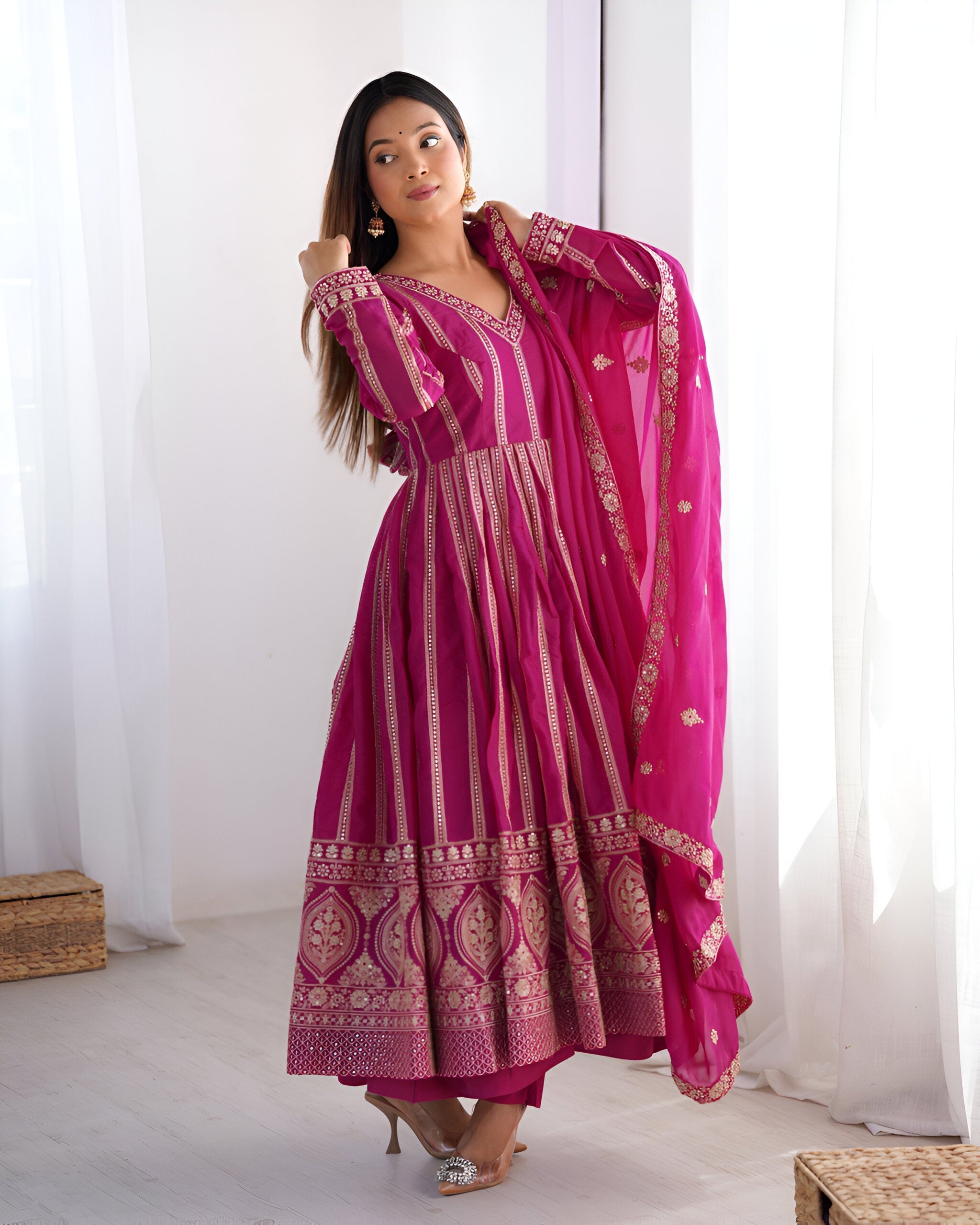 Lehenga Mart Wedding Wear Anarkali Gown With Dupatta Set - Pink | Grocsy