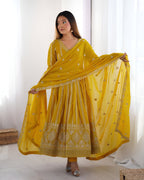 Lehenga Mart Wedding Wear Anarkali Gown With Dupatta Set - Yellow | Grocsy