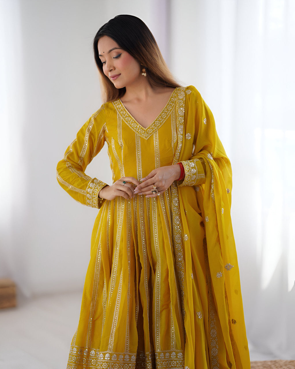 Lehenga Mart Wedding Wear Anarkali Gown With Dupatta Set - Yellow | Grocsy
