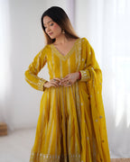 Lehenga Mart Wedding Wear Anarkali Gown With Dupatta Set - Yellow | Grocsy