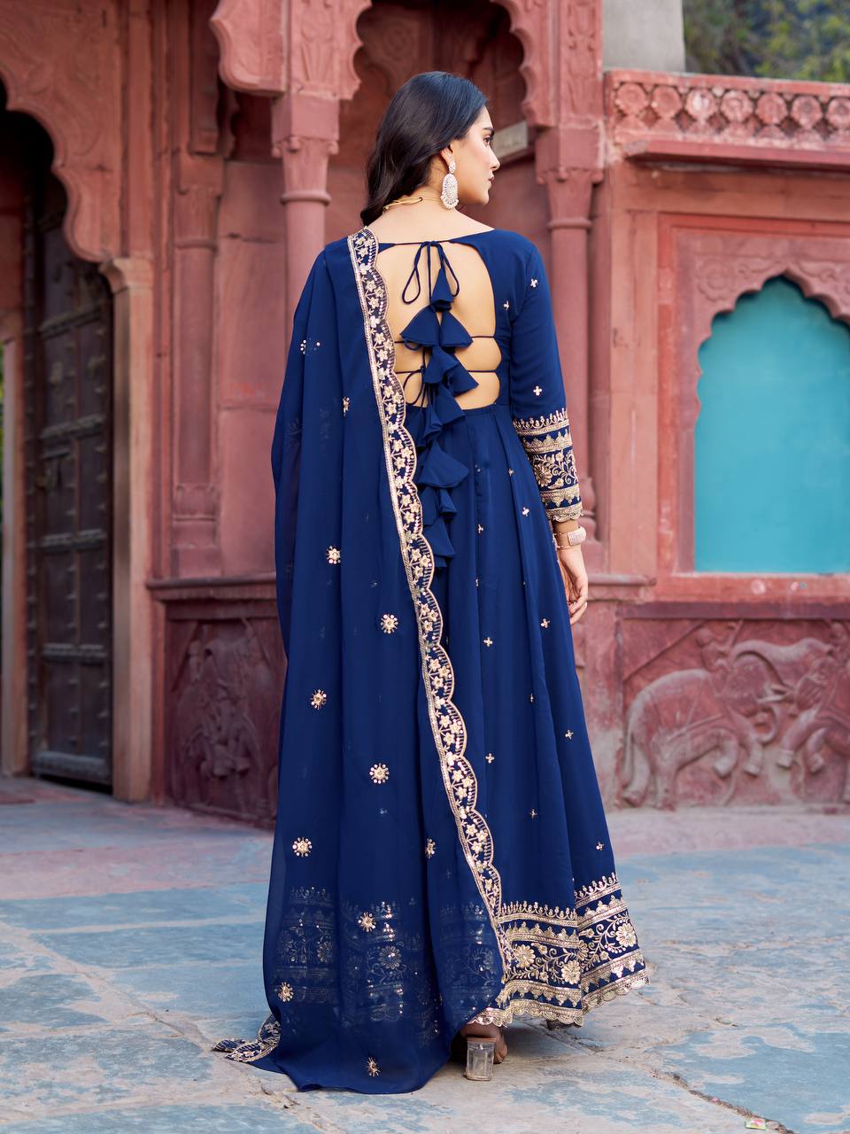 Prazu Fashion Blue Georgette Thread Sequence Anarkali Suit | Grocsy