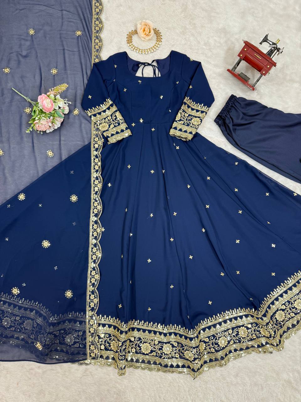 Prazu Fashion Blue Georgette Thread Sequence Anarkali Suit | Grocsy