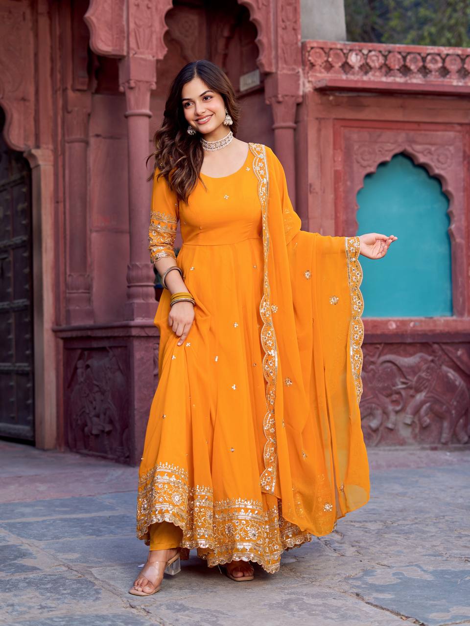 Prazu Fashion Mustard Georgette Thread Sequence Anarkali Suit | Grocsy
