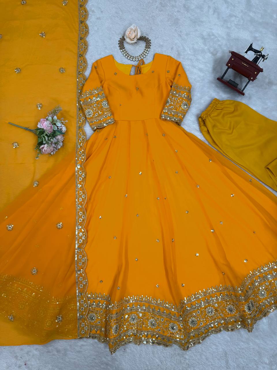 Prazu Fashion Mustard Georgette Thread Sequence Anarkali Suit | Grocsy