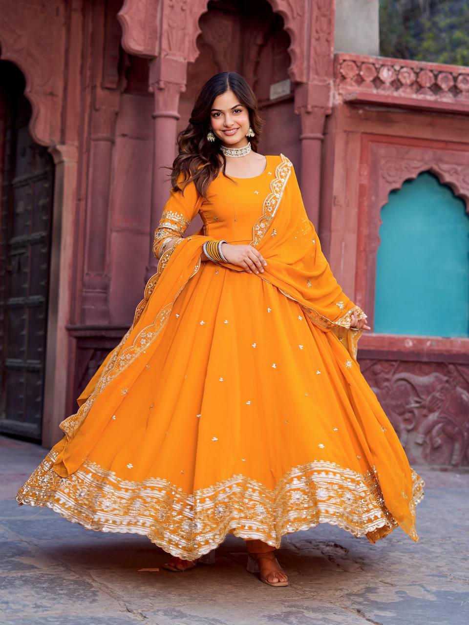 Prazu Fashion Mustard Georgette Thread Sequence Anarkali Suit | Grocsy