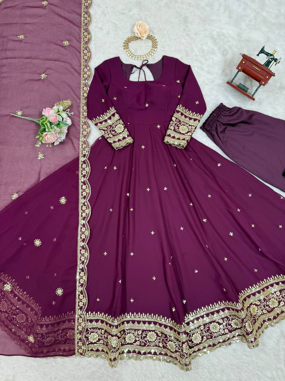 Prazu Fashion Wine Georgette Thread Sequence Anarkali Suit | Grocsy