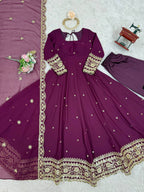 Prazu Fashion Wine Georgette Thread Sequence Anarkali Suit | Grocsy