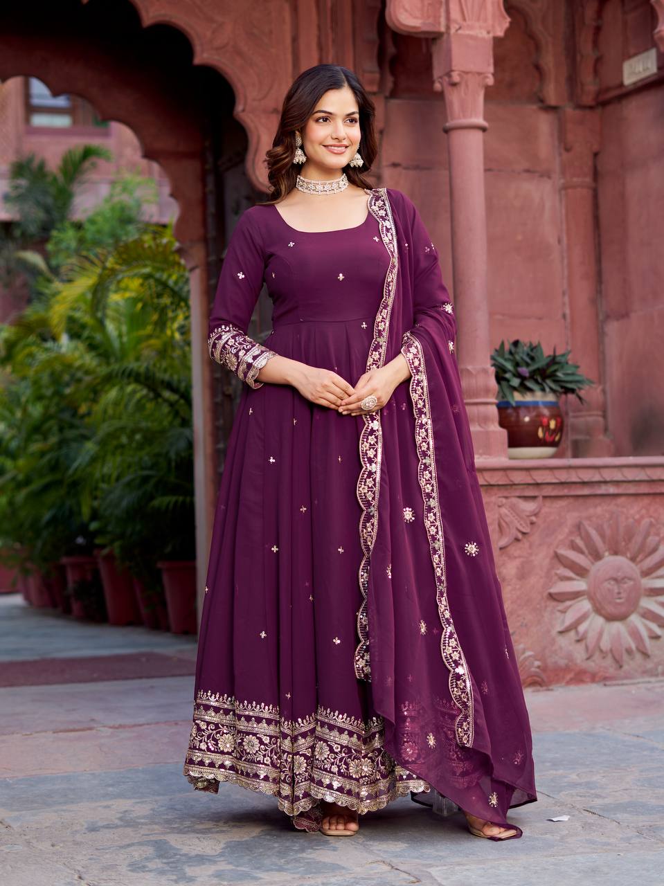 Prazu Fashion Wine Georgette Thread Sequence Anarkali Suit | Grocsy