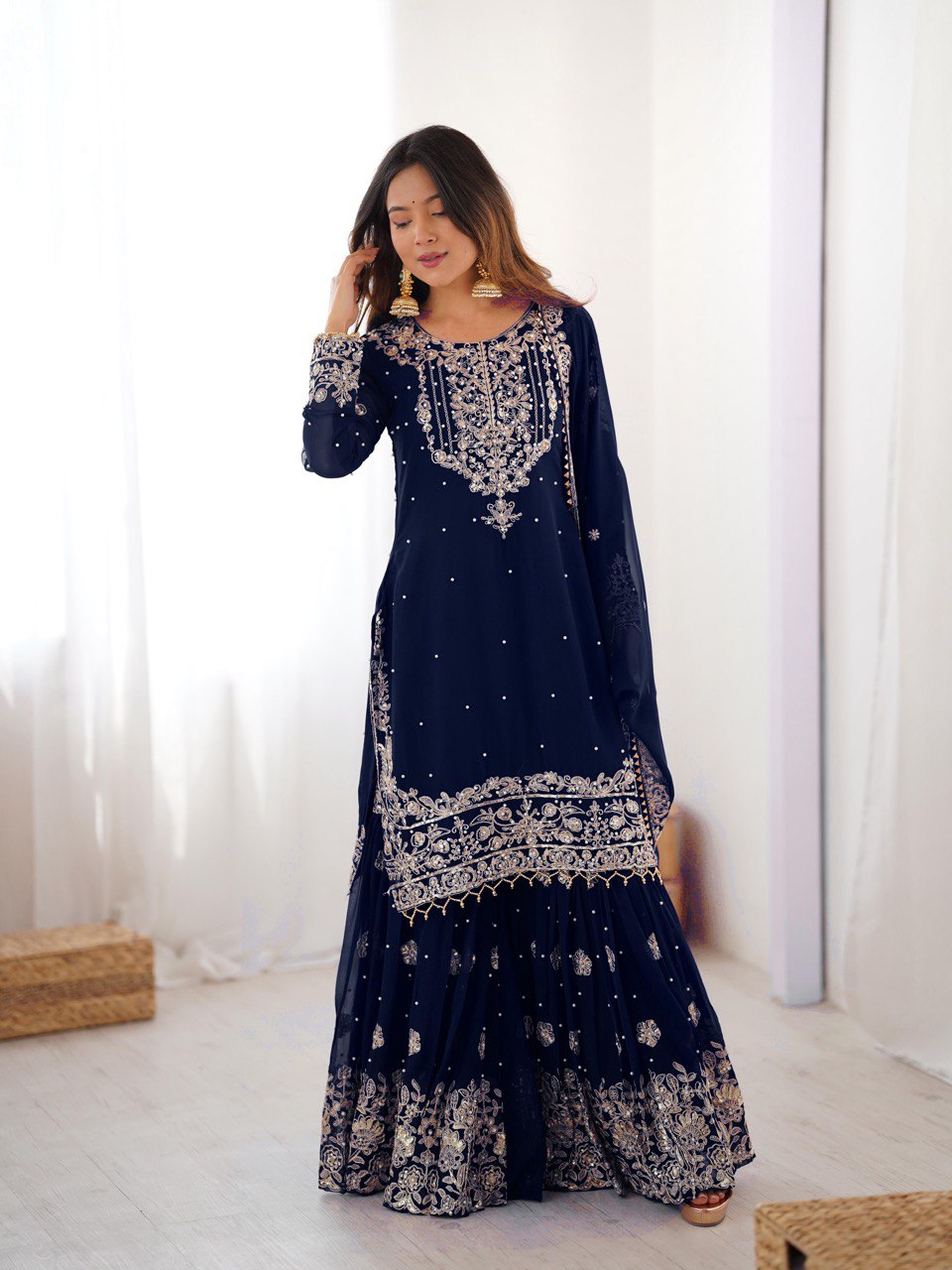 Prazu Fashion Navy Blue Faux Georgette Embroidered Thread Work Sharara Suit | Grocsy