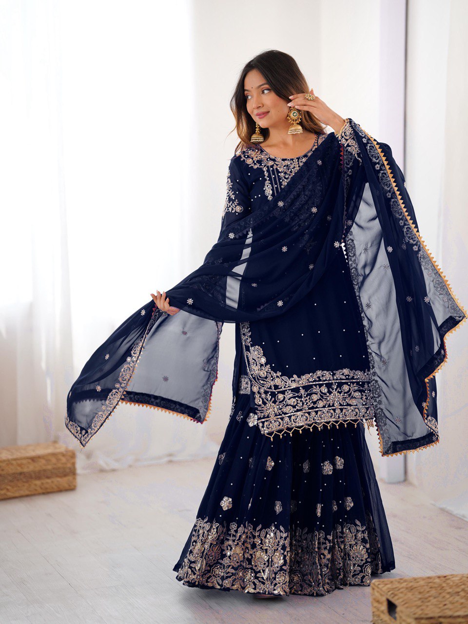 Prazu Fashion Navy Blue Faux Georgette Embroidered Thread Work Sharara Suit | Grocsy