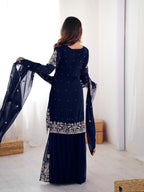 Prazu Fashion Navy Blue Faux Georgette Embroidered Thread Work Sharara Suit | Grocsy