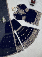 Prazu Fashion Navy Blue Faux Georgette Embroidered Thread Work Sharara Suit | Grocsy