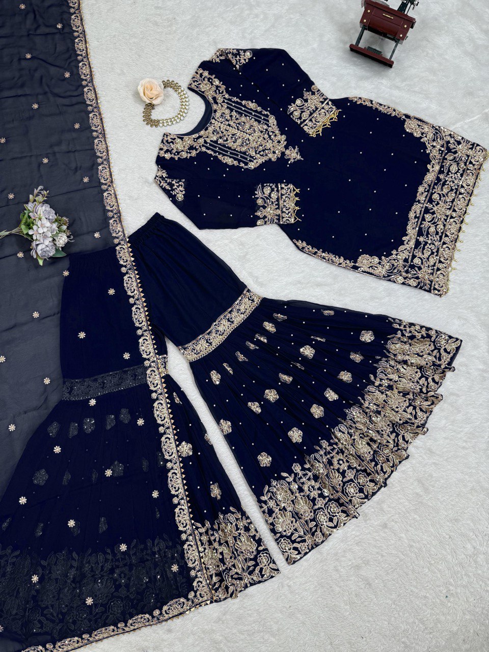 Prazu Fashion Navy Blue Faux Georgette Embroidered Thread Work Sharara Suit | Grocsy