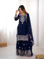 Prazu Fashion Navy Blue Faux Georgette Embroidered Thread Work Sharara Suit | Grocsy