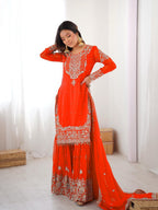 Prazu Fashion Orange Faux Georgette Embroidered Thread Work Sharara Suit | Grocsy