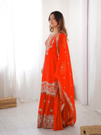 Prazu Fashion Orange Faux Georgette Embroidered Thread Work Sharara Suit | Grocsy