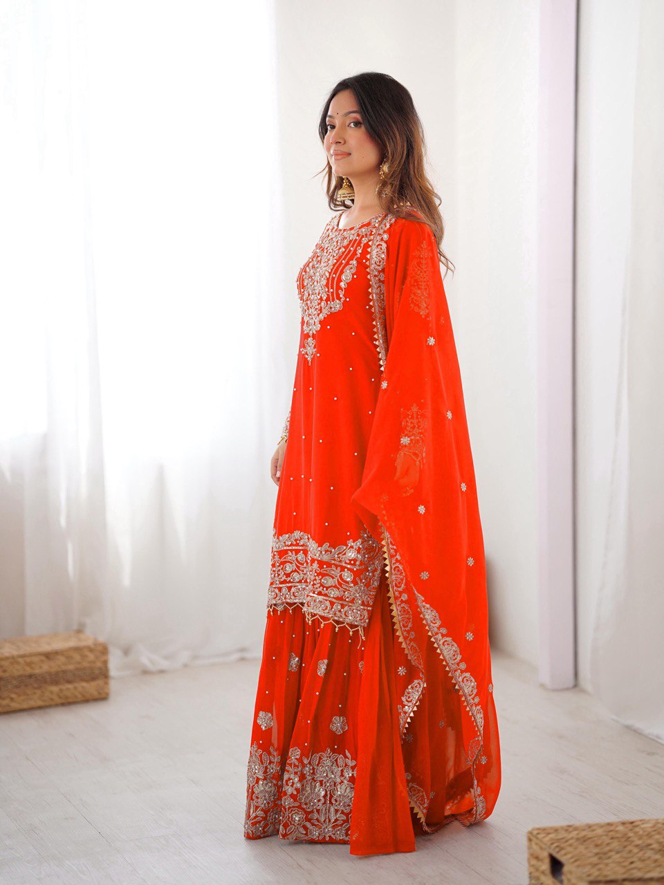 Prazu Fashion Orange Faux Georgette Embroidered Thread Work Sharara Suit | Grocsy