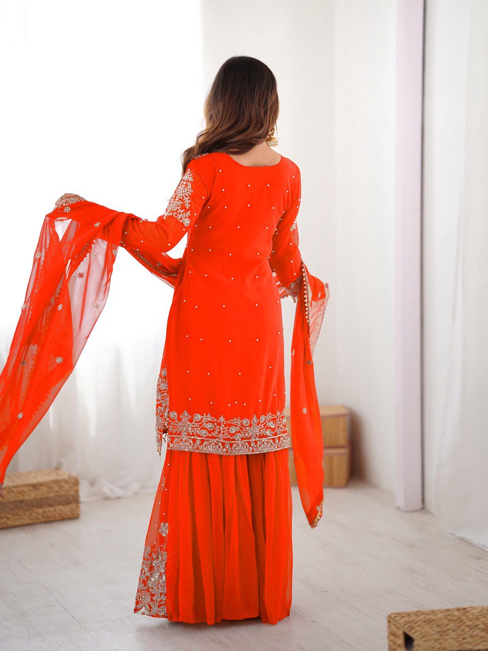 Prazu Fashion Orange Faux Georgette Embroidered Thread Work Sharara Suit | Grocsy