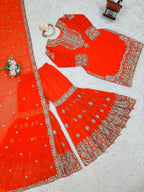 Prazu Fashion Orange Faux Georgette Embroidered Thread Work Sharara Suit | Grocsy
