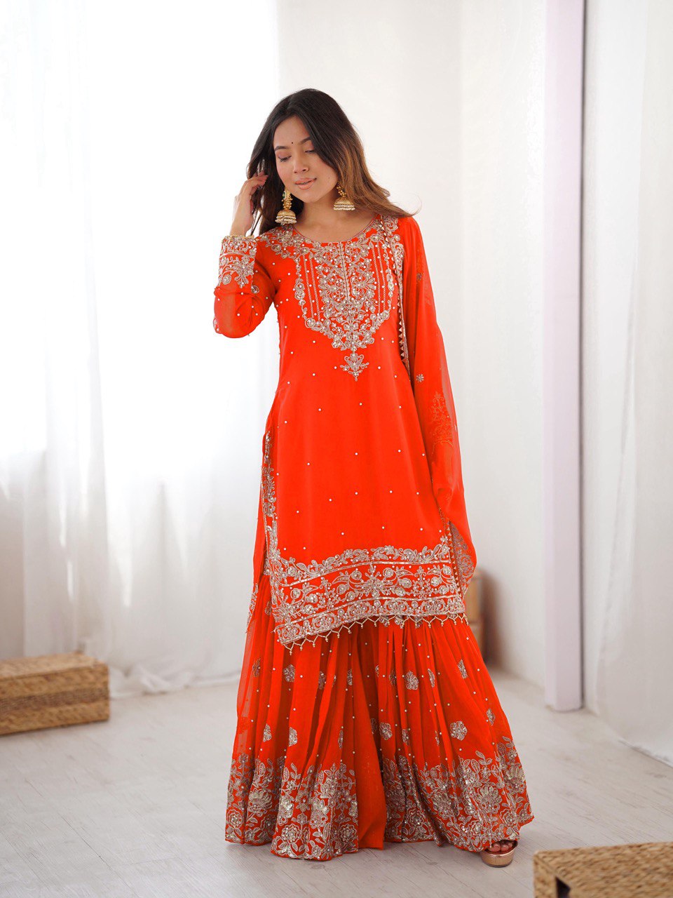 Prazu Fashion Orange Faux Georgette Embroidered Thread Work Sharara Suit | Grocsy