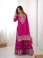 Prazu Fashion Pink Faux Georgette Embroidered Thread Work Sharara Suit | Grocsy