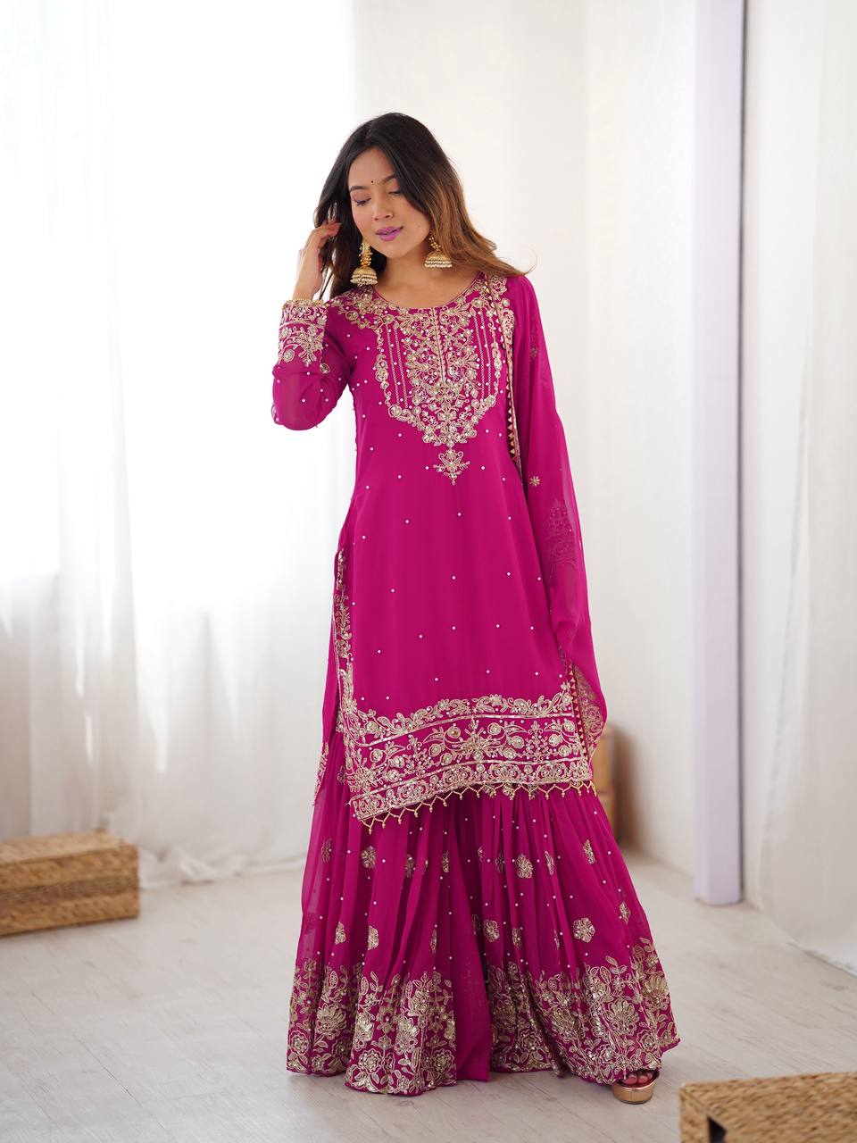 Prazu Fashion Pink Faux Georgette Embroidered Thread Work Sharara Suit | Grocsy