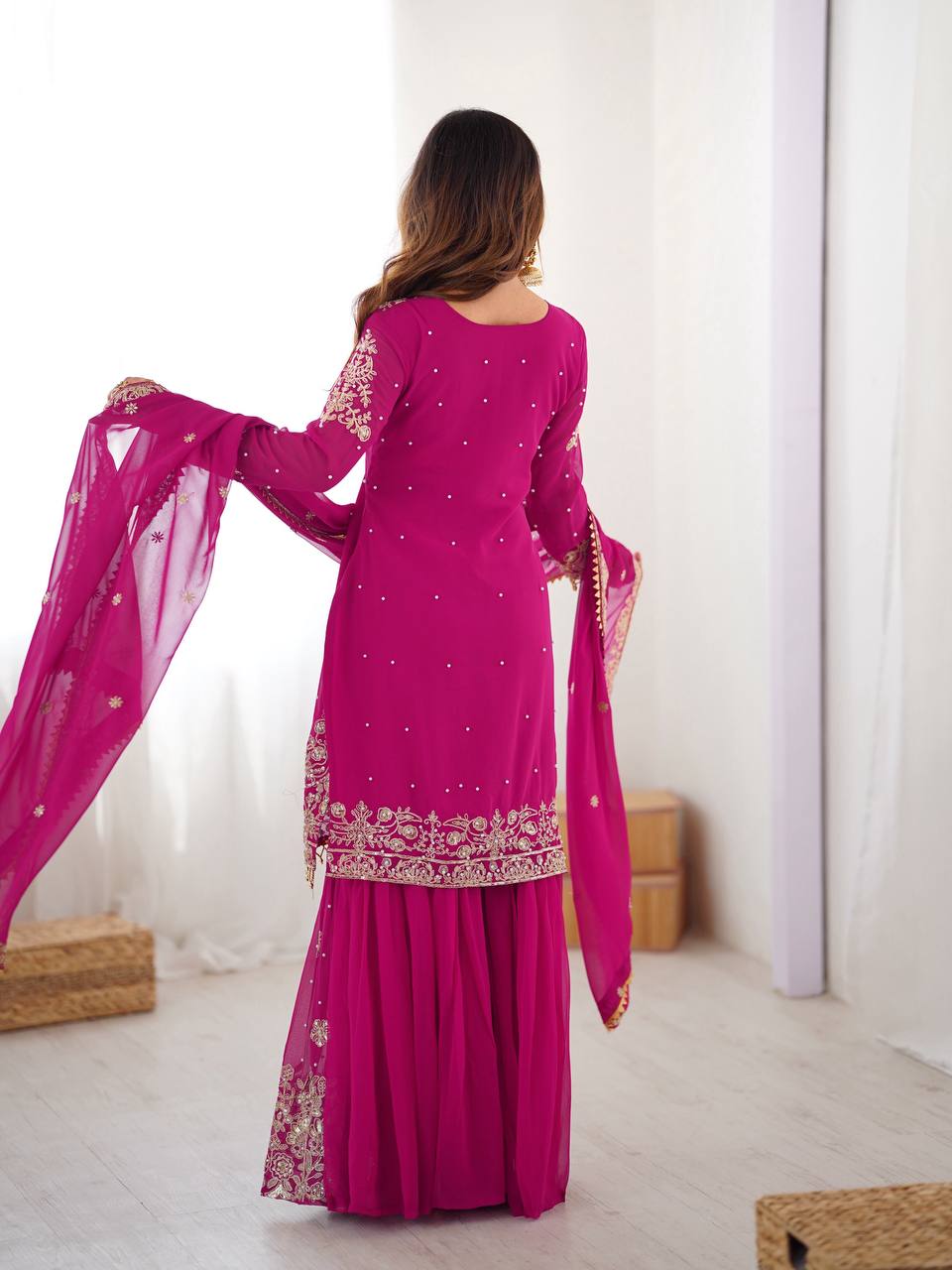 Prazu Fashion Pink Faux Georgette Embroidered Thread Work Sharara Suit | Grocsy