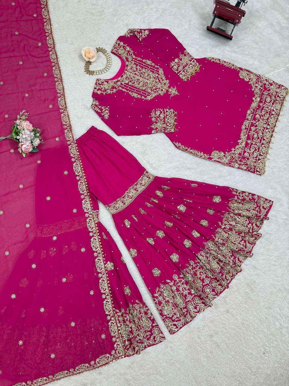 Prazu Fashion Pink Faux Georgette Embroidered Thread Work Sharara Suit | Grocsy