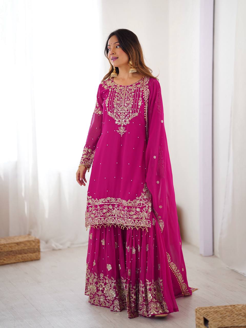 Prazu Fashion Pink Faux Georgette Embroidered Thread Work Sharara Suit | Grocsy