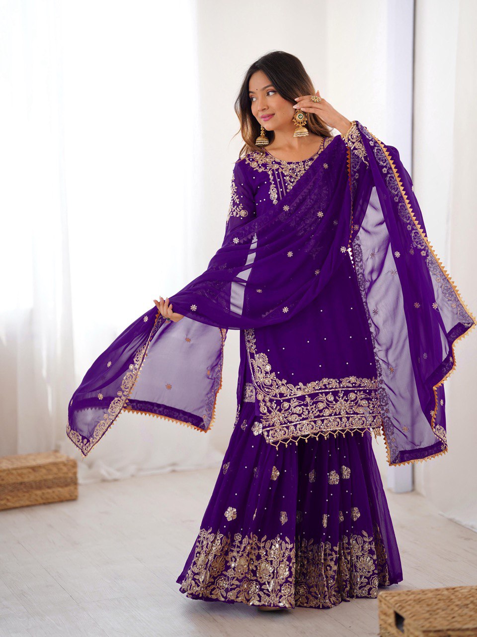 Prazu Fashion Violet Faux Georgette Embroidered Thread Work Sharara Suit | Grocsy