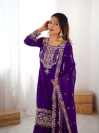 Prazu Fashion Violet Faux Georgette Embroidered Thread Work Sharara Suit | Grocsy