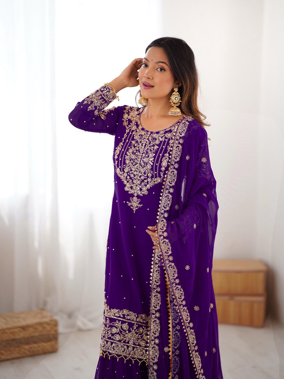 Prazu Fashion Violet Faux Georgette Embroidered Thread Work Sharara Suit | Grocsy