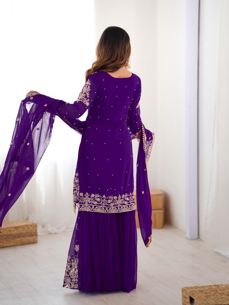 Prazu Fashion Violet Faux Georgette Embroidered Thread Work Sharara Suit | Grocsy