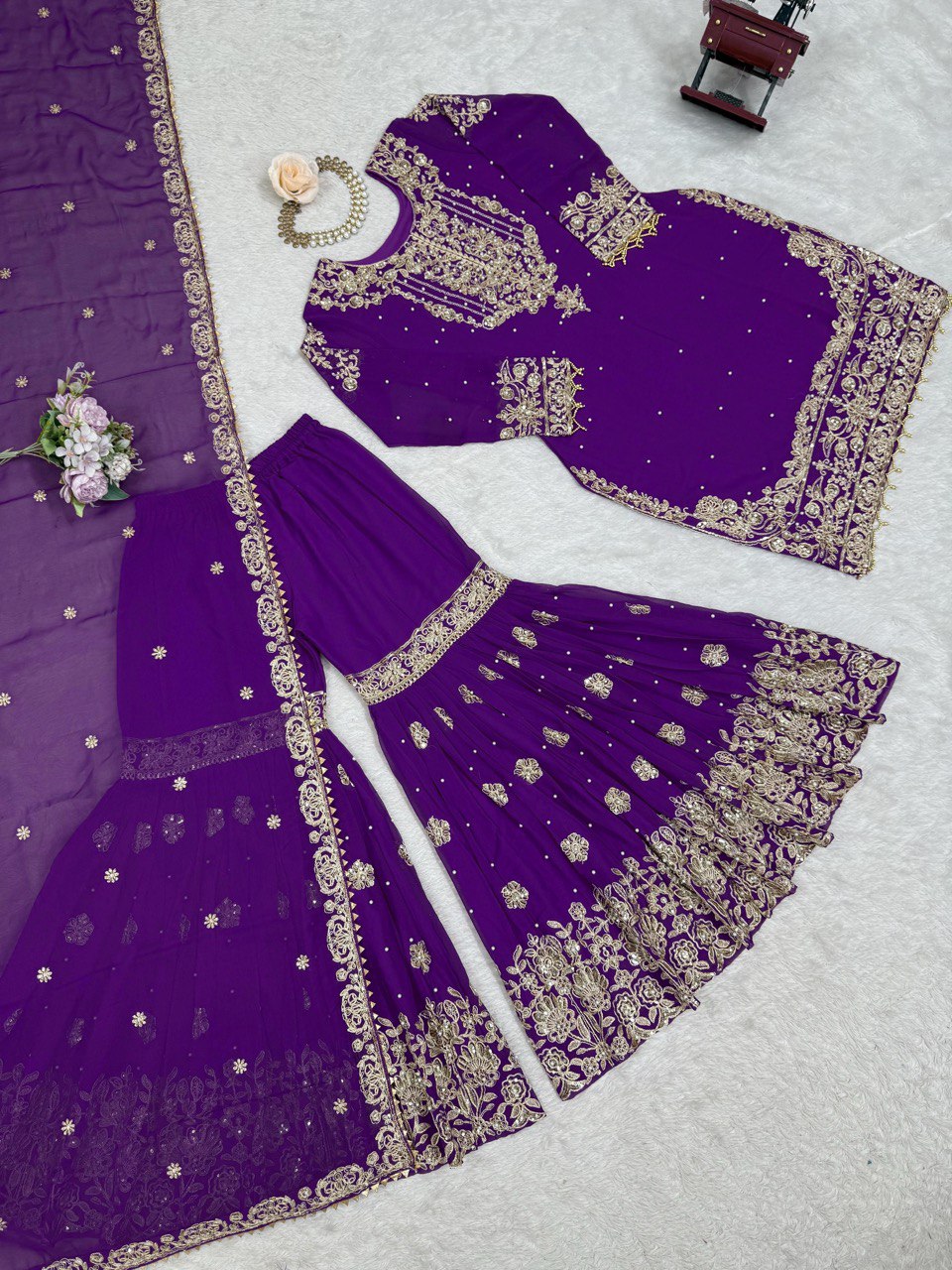 Prazu Fashion Violet Faux Georgette Embroidered Thread Work Sharara Suit | Grocsy