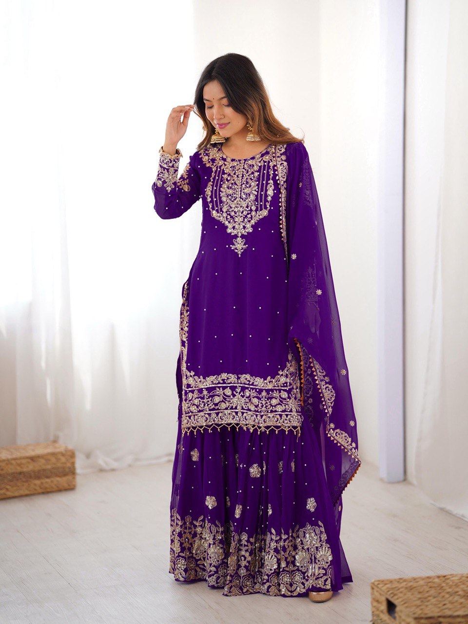 Prazu Fashion Violet Faux Georgette Embroidered Thread Work Sharara Suit | Grocsy