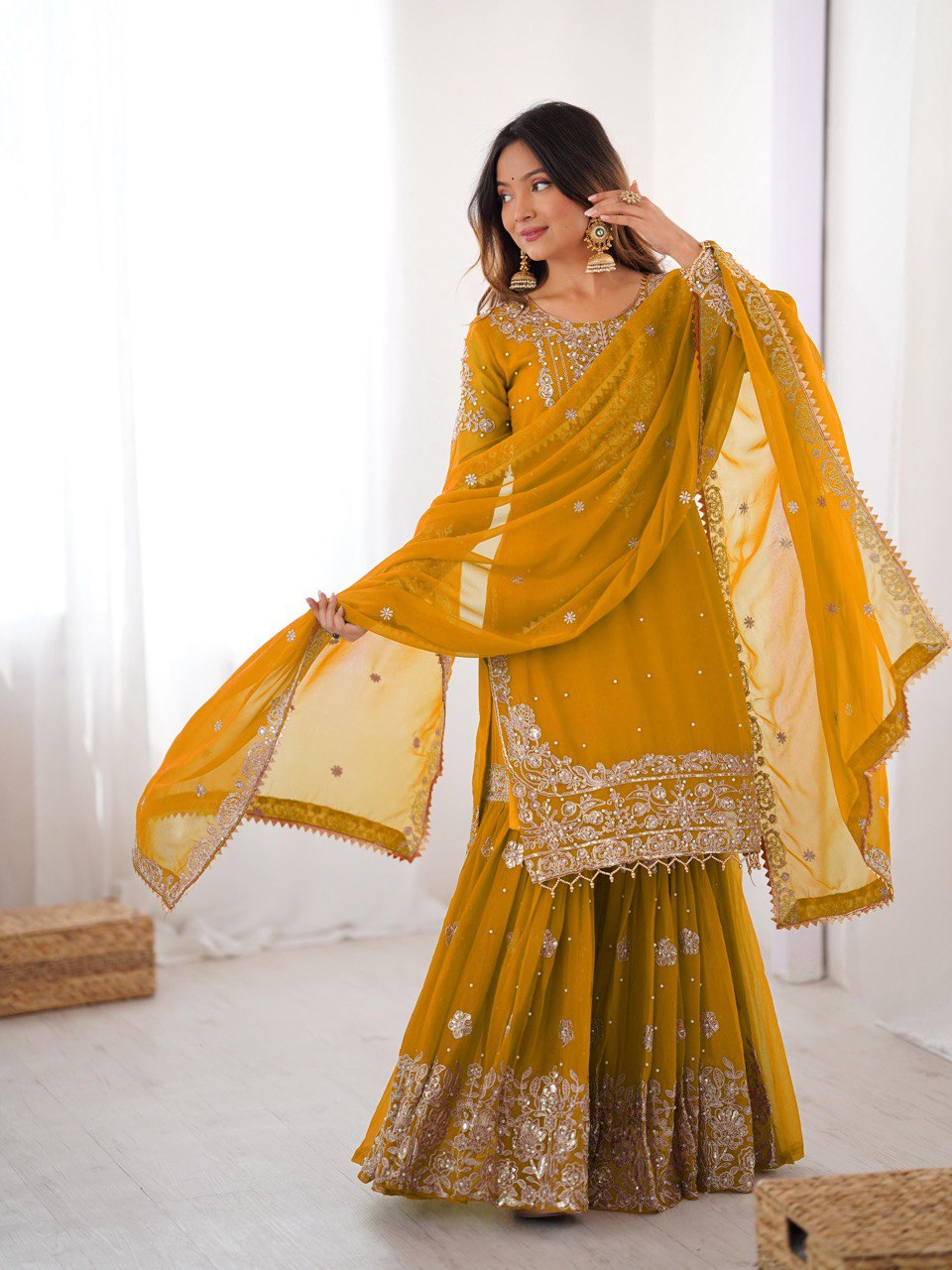 Prazu Fashion Yellow Faux Georgette Embroidered Thread Work Sharara Suit | Grocsy