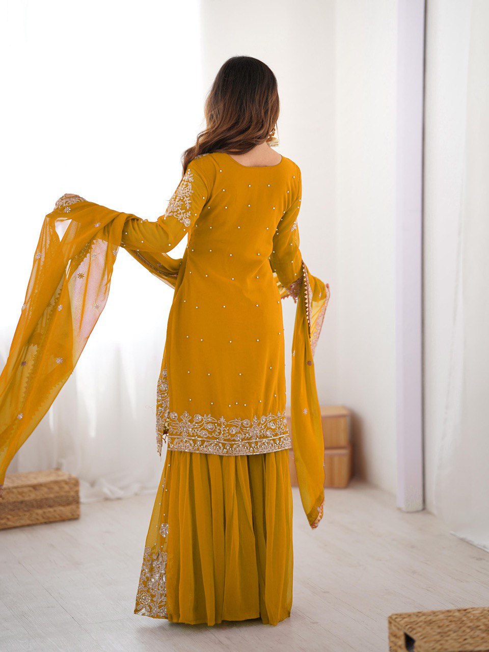 Prazu Fashion Yellow Faux Georgette Embroidered Thread Work Sharara Suit | Grocsy