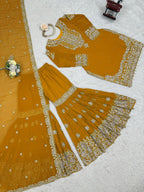 Prazu Fashion Yellow Faux Georgette Embroidered Thread Work Sharara Suit | Grocsy