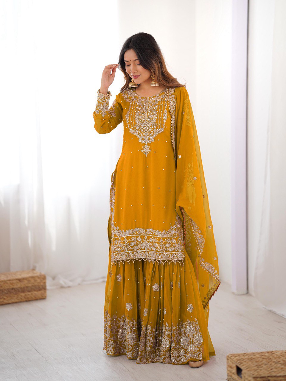 Prazu Fashion Yellow Faux Georgette Embroidered Thread Work Sharara Suit | Grocsy